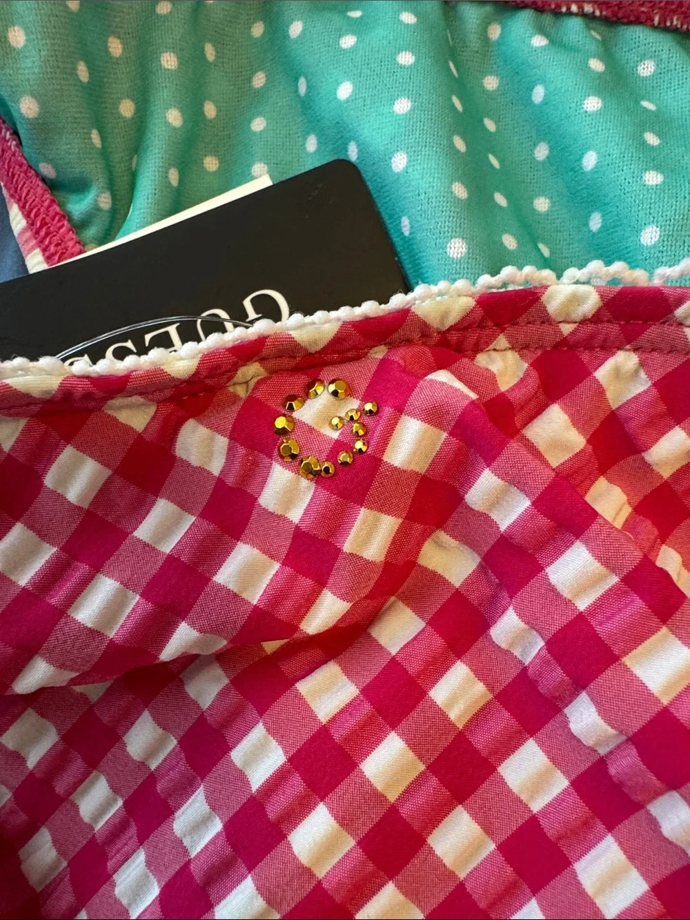 Guess Retro Pink White Gingham Lace Strappy Halter Bikini Top Bottom Swim Set XS - Picture 4 of 4
